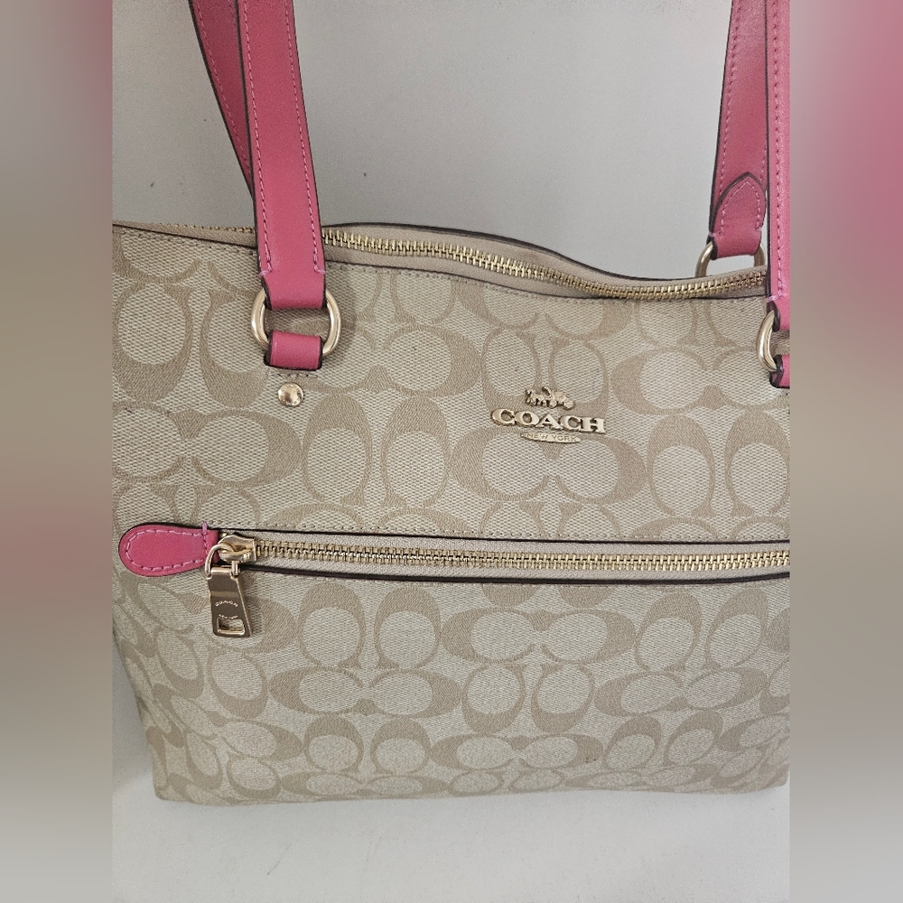 Like New!Coach Signature Coated Canvas tan /Pink Tote bag - Picture 5 of 12